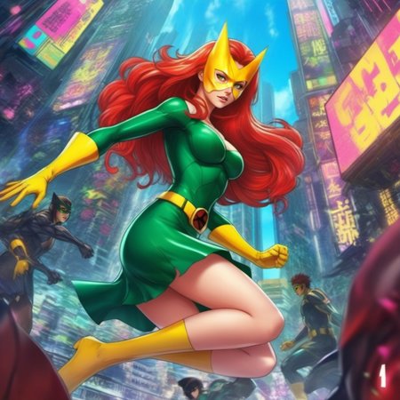 anime artwork a fullbody skinny with big breast redhead woman wears a green dress and a yellow mask, powerfull superhero <lora:MarvelGirl1024:0.8> . anime style, key visual, vibrant, studio anime,  highly detailed