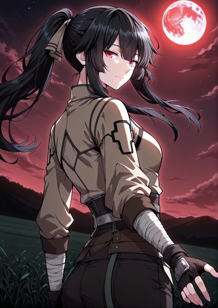 <lora:Jasmine_Flamesworth__The_Beginning_After_the_End__Illustrious:1>
1 girls, solo, red eyes, black hair, long hair, ponytail, bangs, hair between eyes, sidelocks, small breasts
brown jacket, greeb ribbon, fingerless gloves, long sleeves, black pants, black boots, bandages
score_9, score_8_up, score_7_up, very aesthetic, source_anime, detailed, high quality, beautiful, masterpiece, detailed eyes, field, blurry background, pose dynamic angle, upper body, cowboy shot, light smile, looking back, reaching out, floating hair, night, red moon, <lora:iLLMythG0thicL1nes:1>