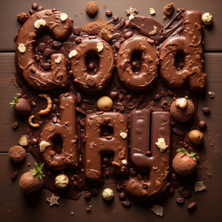 Belgian chocolate delight typography, Good day
, text luxuriously composed of various Belgian chocolate creations, warm studio lighting with rich shadows, deep brown and gold color palette, polished wooden or marble background, elements including assorted pralines, truffles, chocolate bars with different cocoa percentages, chocolate curls and shavings, cocoa beans, melting chocolate drips, chocolate-dipped strawberries, elegant chocolate boxes, gold foil wrappers, piped chocolate decorations, chocolate mousse swirls, wafer pieces, hazelnut and almond accents, dusting of cocoa powder, hints of Belgian lace patterns