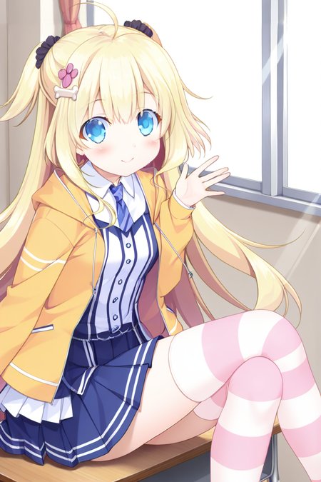 masterpiece,best quality,amazing quality,highres,scenery,newest,1girl,official style, alice, hair ornament, blonde hair, blue eyes, long hair, bone hair ornament, bangs, hair between eyes, hair flower, hairclip, flower, ahoge, 
alice school, skirt, hair ornament, pleated skirt, necktie, blush, school uniform,yellow jacket, two side up, thighhighs, striped thighhighs, <lora:lovelyday-alice-V1:1>,classroom,window,sunlight, shadow,sitting,legs under desk,from side,smile,hand up,