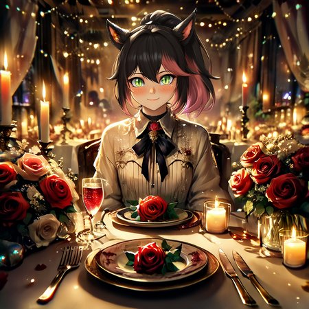 score_9,score_8_up,score_7_up,score_6_up,rating_safe,source_anime,<lora:500SharpCivitai_Lascalae:0.1>,((1girl)),<lora:zy_Detailed_Backgrounds_v1:0.75>,Clutter,Background,Detailed background,Elaborate,Rich,Dynamic,Immersive,Intricate,<lora:clamXIVMC_locon:1>,xivmc,animal ears,two-tone hair,ponytail,green eyes,slit pupils,freckles,tail,<lora:valentines_date_pony:1>,valentinesdate,flower,rose,looking at viewer,hair flower,candle,drinking glass,table,zPDXL,