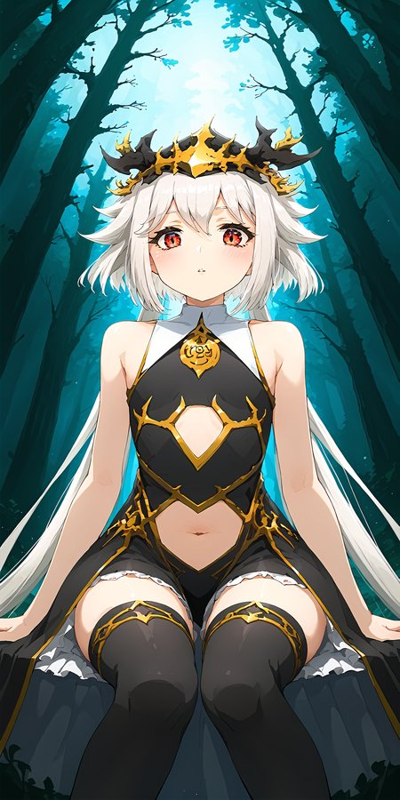 1girl, solo,  looking at viewer, looking at viewer, forest,  sitting, from below, 
bare shoulders, thighhighs, navel cutout, ,white hair, 
<lora:Licorice-000010:1> ,outfit_main, licorice,