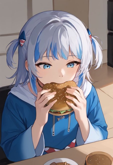 core_9, score_8_up, score_7_up, comics masterpiece, 4k, high quality, ((solo)), <lora:jermawhopper-pdxl-nvwls-v1-000005:1> jermaWhopper, eating, burger, 
gawr gura, blue hoodie, two side up, shark hair ornament, shark tail