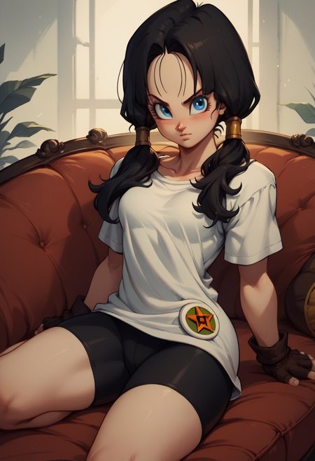 score_9, score_8_up, score_7_up, score_6_up, BREAK,uncensored,, lounging on couch,erotic lingerie,
Videl, blue_eyes, black_hair, long_hair, low_twintails, small_breasts, black_shorts, bike_shorts, white_shirt, fingerless_gloves, black_gloves
