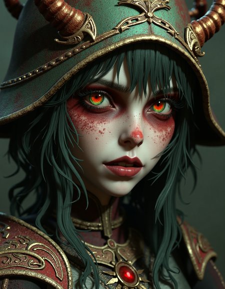 zavy-lch, close-up view, dark fantasy art style, a young female lich looking mysteriously at the viewer, dark background, muted and earthy color palette with reds, greens, and golds.