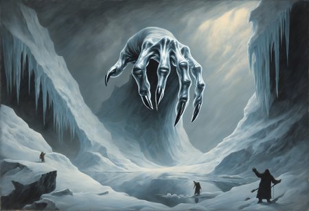 The monochromatic painting depicts a colossal, bony hand emerging from an icy abyss. The hand is deformed and adorned with long, sharp claws. The background is dominated by ice and snow, creating a cold and hostile atmosphere. The hand appears to be breaking through the reflective surface of the ice, hinting at a massive creature lurking beneath. A blizzard rages on, adding to the intensity, while the snowstorm envelops the scene, making the hand's emergence even more dramatic.
