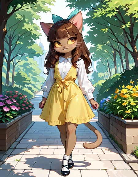 masterpiece, best quality, very aesthetic, absurdres,
outdoors,casual, 
full body, posing, 
seductive smile, parted lips, long eyelashes,
 <lora:Ivy_Pepper_v01_NAIXL:1>
1vyP3pp3r,1girl,solo,furry,furry female,cat girl,cat ears,brown hair,hair bow,long hair,blunt bangs,brown eyes,yellow sclera,animal nose,whiskers,body fur,cat tail,