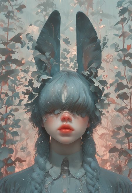 (Score_9:1.1), score_8_up, score_7_up,
(limited lighting, high contrast, laser beams, highres, closed_mouth:1.4, absurdres) 
Fl0ralD0lls 
solo, bunny ears, human woman, curious, (ferns:1.3), realistic, focus on face, hime cut, pacific blue hair, ((hair over eyes)),((hair in very long braid)), big lips, full lips, glossy lips, matte skin, matte colours