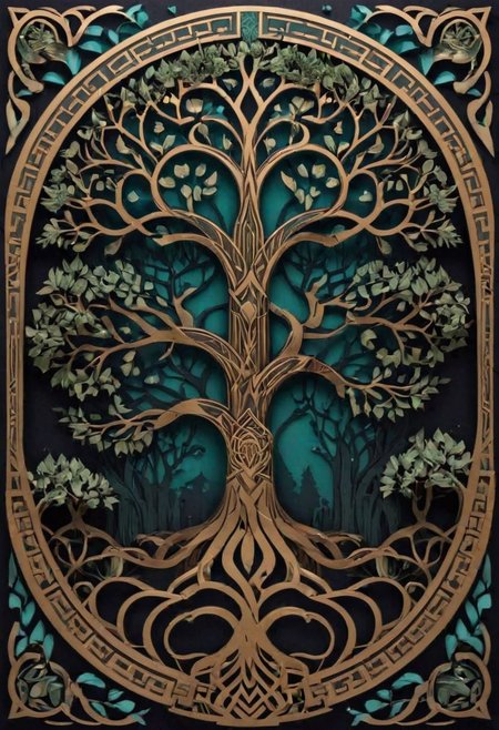 3D papercut shadow box of celtic tree of life, Yggdrasil, flat black synthetic, spine is visible, eerie dark twilight adding to the atmosphere, showcasing unique blend of organic and artificial elements, contrasting colors and textures emphasizing the tension between the natural and artificial um components, physically unbiased rendering, blend of organic and mechanical elements, futuristic, cybernetic, detailed, intricate, Layered, dimensional, depth, silhouette, shadow, papercut, handmade, high contrast