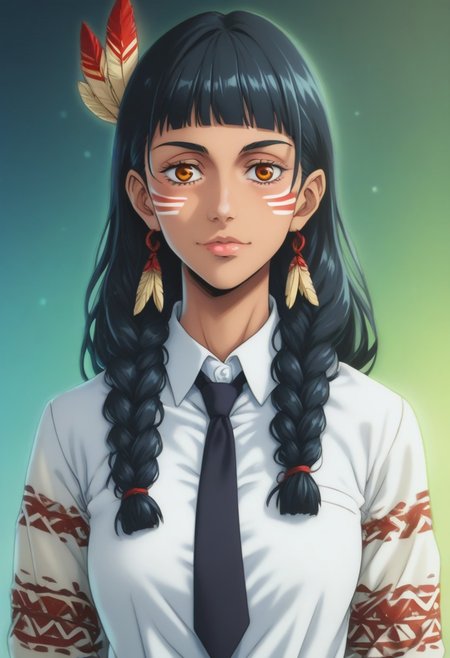 score_9, score_8_up, score_7_up, source_anime, intricate details, anime screencap, perfect balance, official art, extremely detailed CG unity 8k wallpaper, perfect lighting, Colorful, Warm_Front_face_Lighting, (masterpiece:1.0),(best_quality:1.0), ultra high res,4K,ultra-detailed, photography, 8K, HDR, highres, absurdres:1.2, Kodak portra 400, blurry background, bokeh, lens flare, (Anime) (vibrant_color:1.2), professional photograph, night, (cute_face:1.2), 2d, anime, upper body, intricate iris, American, Professional character design, 1girl, female focus, (Orange eyes), perfect eyes, (black-hair), Native American, Indigenous, American Indian, youthful, solo, jujutsu_kaisen_style, character portrait, (perfect-lighting), face, young, (Dark-black-hair), Long hair, (Native American), Indigenous, American Indian, (((wild eyes))), (Native North American), (Upturned eyes), (high cheekbones), (strong jawline), (Black Hair), ((((Native-American-Eagle-feather-braids, Native American Eagle feather accessories)))), (((wild eyes))) ((Bobbed Bangs)) (((Slanted-Eyes))) (Psycho) (Happy) (Friendly) (Goofy) (White Dress Shirt), (Warpaint), (Redwood Forest, Pacific Northwest Forests), (Inuit), (Tan skin), (Dark Skin), (Brown skin), (bobbed hair), White Eagle-Feather-Earrings, Thick Bangs, Bobbed hair, Bob-cut, White-Feather-Earrings, Brown-skin, Inuit Face-paint, Full-Bangs, Wide-Bangs, Thick-Hair, Native Face-paint, White dress shirt, Tribal-Patterned Jacket, Necktie