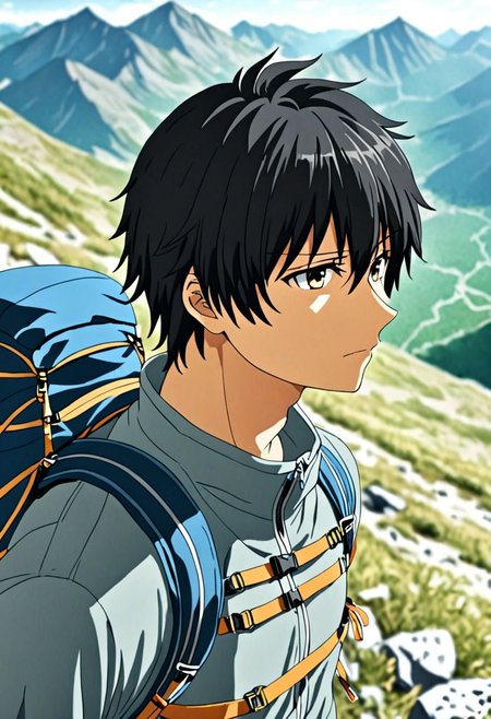 high resolution, solo, best quality, 1Boy, Seiya Kanie, black hair, short hair, thin, landscape, looking away, high mountain, hiking gear, shallow depth of field, OverallDetail