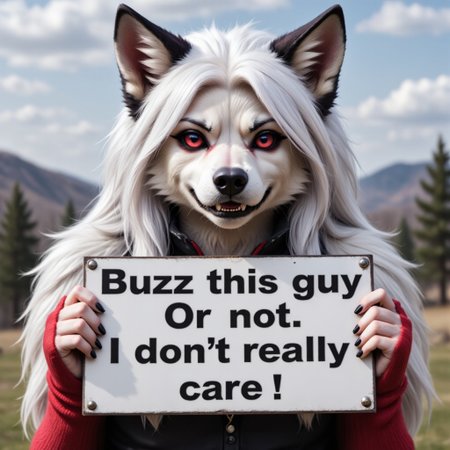 A very bored-looking female hellhound girl holding up a sign.  The white-haired canine girl is Loona from Helluva Boss The text on the sign reads exactly as follows. “Buzz this guy. Or not. I don’t really care.”