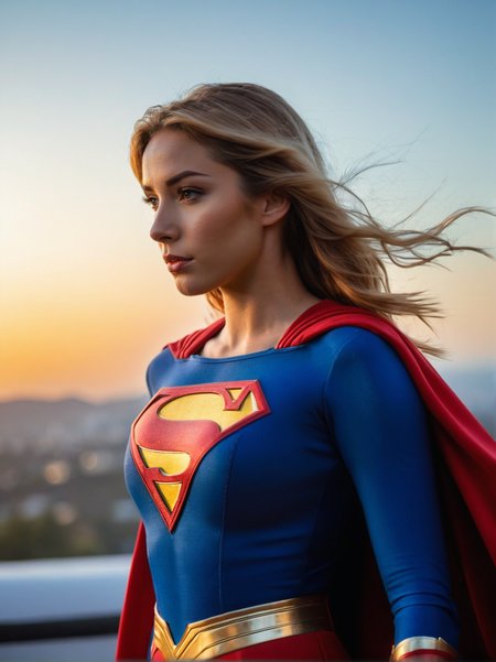A dynamic cinematic photograph of Jenna_Sims_P_MXAI_SDXL:1.2  , wearing a supergirl costume, standing on a rooftop, windblown hair, sunset in the background,, SK_CINEMATIC, ziprealism
