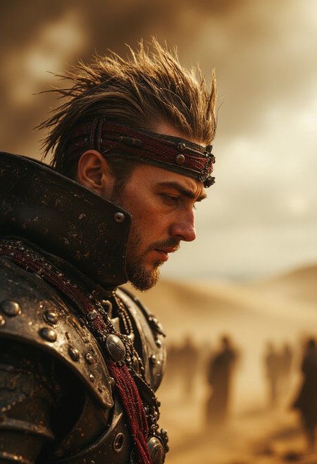 Vibrant Colorful Realistic analog photo, very detailed, hyper detailed, photorealistic, hyperdetailed, uhd, 4k, the focus of the image is on the witch, extreme closeup Face Portrait, extreme face closeup, head focus, Realistic analog photo, awesome, high Quality, photorealistic, atmospheric lighting, volumetric lighting, cinematic, Epic Film Quality, dense Sand storm, dust, floating Sand,
Capture the essence of medieval valor in this close-up shot: a weathered knight with spiked hair in high collar armor bearing a bold text crafted masterfully from its metal "buzz". Positioned in a morning dueling arena, he awaits his opponent with a stance of readiness. Let the fluttering banners and flags in the wind tell the story of anticipation and honor on the battlefield.
