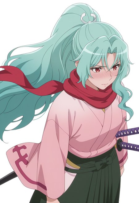 Smooth Quality,masterpiece, ultra realistic,
simple background, white background, 
from above,nose blush,wind, 
 <lora:Tomoecnn:0.8> sofia/cnn, 1girl, long hair, scarf, ponytail, red eyes, japanese clothes, katana, green hair, very long hair,