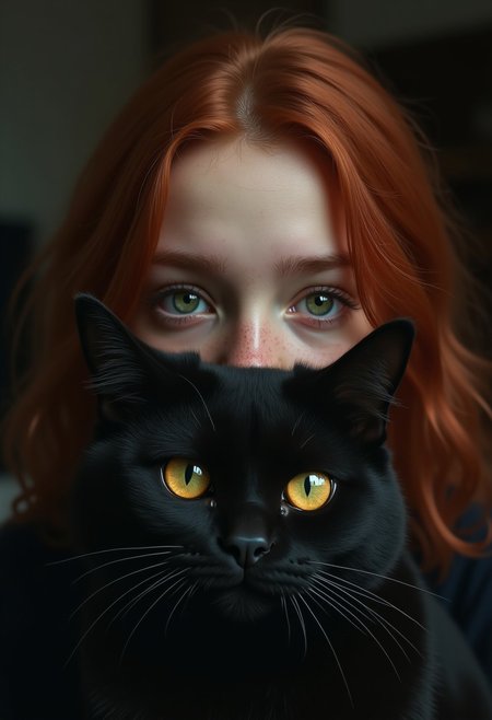 girl 18 yearsd old, with freckles, cute,  her face partly covered by a black cat's face. The girl has light green eyes, while the cat's large, golden eyes stare outwards. The lighting creates a soft, painterly effect, blending the features of the girl and the cat together. The cat’s dark fur contrasts against the girl's pale complexion and her red hair, creating a sense of surreal connection between the two. The overall tone is calm yet slightly mysterious, evoking a dreamlike atmosphere.
Photorealistic, 8k, deep shadows,