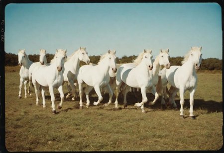 7 running white horses in natural light projection in the style of polaroid film, holga 120n, juxtaposition of light and shadow,  sunshine background