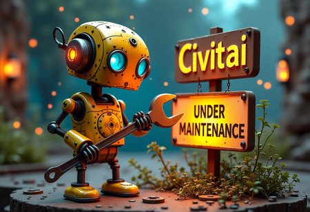 A whimsical clockwork robot with a glowing wrench, surrounded by floating gears and circuit boards, working on a sign that reads 'Civitai Under Maintenance'. A glowing 'be right back' sign hangs in the background, with sparks of magic and light creating an aura of busy repair.