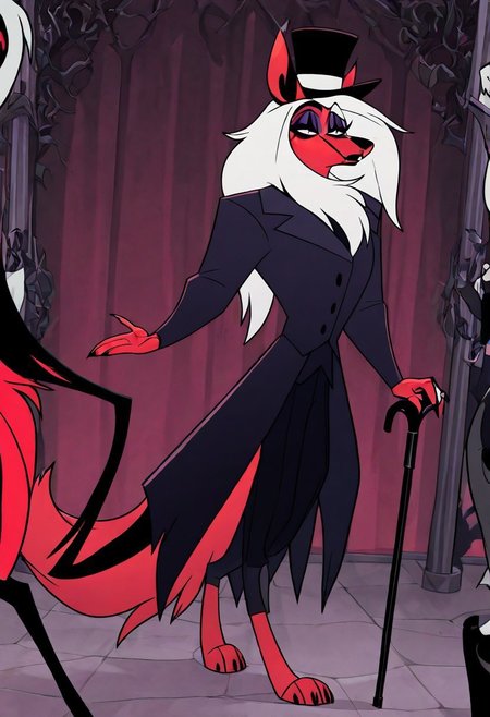 masterpiece, best quality, newest, absurdres, highres, anime, anime style, HB-Style-V1.0, official style,  1boy, HH-HBV1.0, furry male, goth, goth boy, top hat, monoclke, gentelman, walking cane, coat, suit, official attire, makeup, red fur, white hair, long hair, eyehsadow, classy, elegant, male focus, solo, solo focus