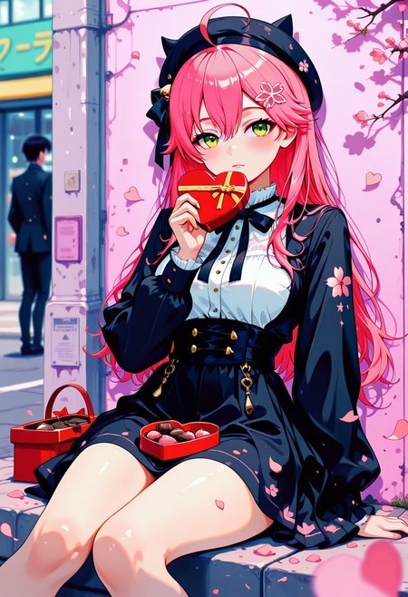 masterpiece, best quality, good quality, very aesthetic, absurdres, newest, 8K, depth of field, focused subject, in the style of cknc, artist:moriimee, in the style of cksc, hrtdrp, Hearts Drips, BREAK
Sakura Miko (Hololive), classic outfit, holding a heart-shaped box of chocolates, sitting with her back to a wall with anime graffiti under sakura trees, ((falling sakura petals)), outdoors
