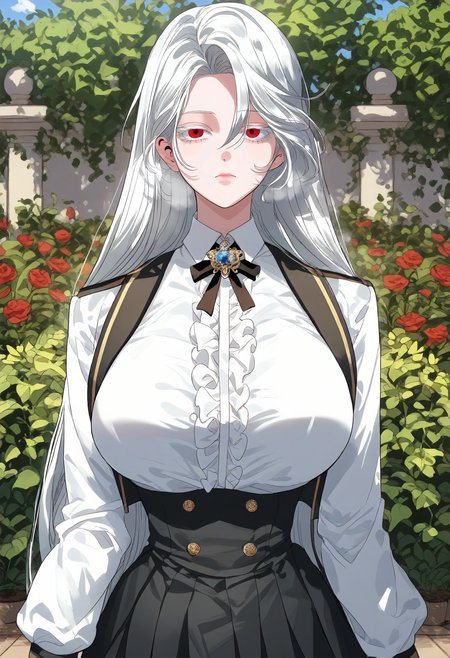 score_9, score_8_up, score_7_up, score_6_up, source_anime, rating_explicit, 1girl, solo, huge breasts, <lora:Raviel Ivansia prefectPonyxl:1> long hair, white hair, red eyes, colored eyelashes, parted bangs, brooch, black ribbon, neck ribbon, white jacket, open jacket, long sleeves, center frills, white shirt, collared shirt, black skirt, pleated skirt, miniskirt, high-waist skirt, expressionless, Narrow shoulders, heavy breathing, steaming body, garden, outdoors, looking at viewer, close-up, pale skin