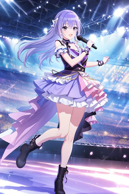 (masterpiece),(best quality),(ultra-detailed),(best illustration),(best shadow),(absurdres),(detailed background),(very aesthetic), 1girl, solo, hana suzuki, long hair, purple eyes, purple hair, idoloutfit, idol, dress, skirt, cute legwear, boots, singing, concert background, concert stage, full body, holding a microphone, smile,<lora:Hana_Suzukié´æ¨ç¾½é£_-_ã¢ã¤ãã«ãã¹ã¿ã¼_ã·ã£ã¤ãã¼ã«ã©ã¼ãº_SDXL_Animagine_XL_3.1:1>