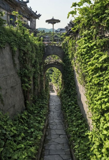 arafed view of a large crater with a walkway in the middle, real life totoro, beautiful hd, everything enclosed in a circle, hou china, pacal votan, looming over the earth, well - decorated, huge black round hole, ivy, solar, <hd, ad, top