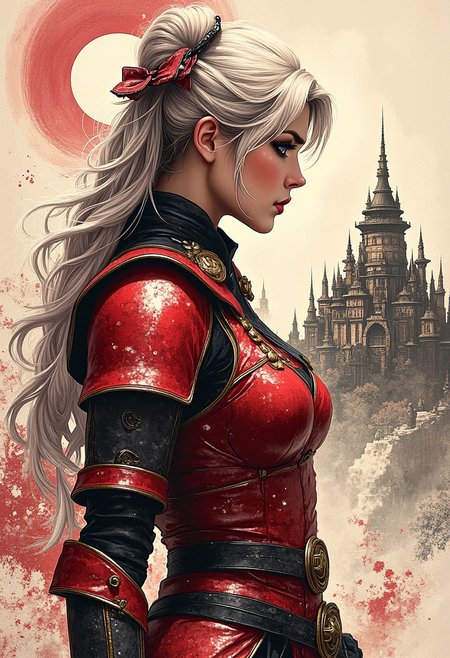 Inkplash art on rice paper, sepia, henna , Silhouette Art, magnificent, inksplash poster art, closeup portrait of a Japanese warrior woman in red and black leather samurai armour, bangs, sidelocks, loose flowing platinum hair, in front of edu-era castle