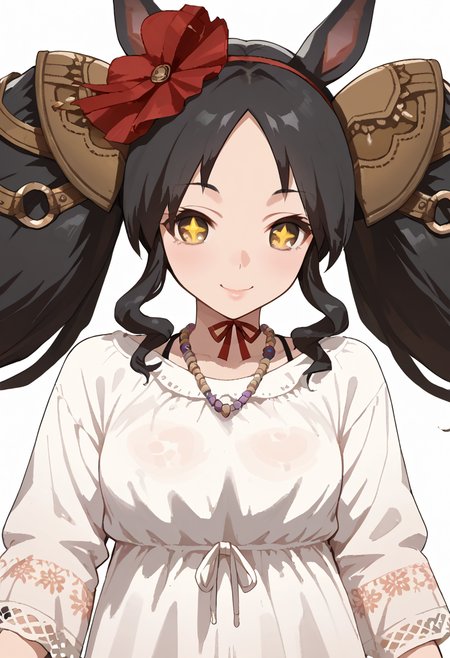 <lora:MS_1.3:1>,UMAMS,horse ears,horse tail,yellow eyes,hair ornament,twintails,black hair,chinstrap,CASUA7,shirt,brown shorts,necklace,cowboy shot,white background, score_9, score_8_up, score_7_up,source_anime