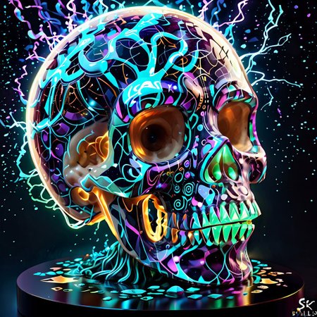 detailed, realistic, 8k uhd, high quality, masterpiece, crystal scull, glowing, shining, magic runes, particle effects, on a pedestal