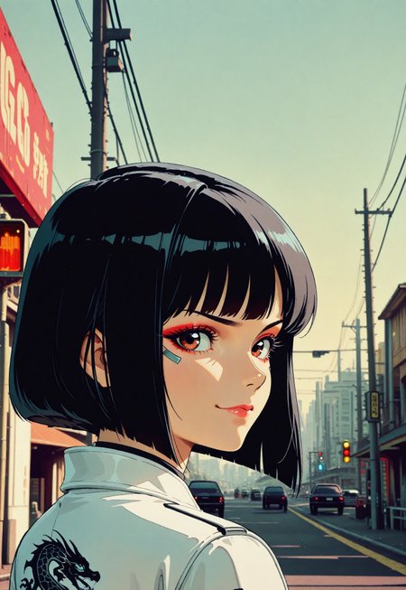 1girl, makeup, eyelashes, black hair, bob cut, white jacket with dragon print, >:), from behind, looking back at viewer, solo focus, outdoors, crossing, traffic light, utility pole, power lines, cyberpunk,  portrait, close up,  anime coloring, flat colors, scenery, no line art, no outline, depth of field, photo (medium),masterpiece, best quality, good quality, very awa, very aesthetic, absurdres, newest, sci-fi, illustration, retro,