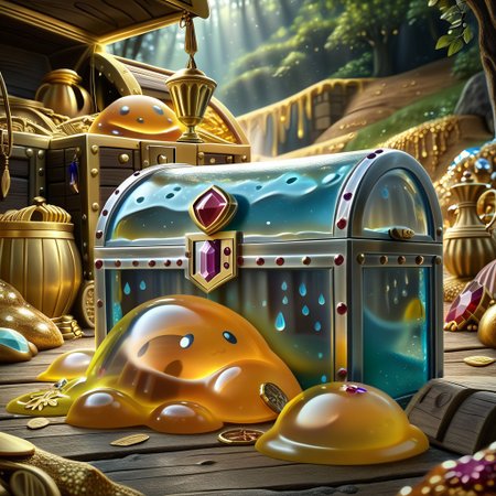 chalice made out of slime, fancy cup made out of slime, fancy chalice made out of slime, Detailed chalice made out of gold slime, Gem-studded slime chalice, multi-colored gems made out of slime, in a room of treasure made out of slime,  gold coins and bars made out of slime, wood-like treasure chest made out of slime, wood-colored slime chest, 
treasure-room, treasure, treasure chest, gemstone, coins, gold bars, gold pile, 
everything made of slime, No simple background,
((translucent slime)), ((transparent slime)), (bioluminescent slime), sl1m3, slime, great lighting, even lighting, no bright spots,