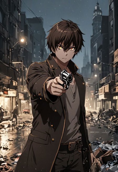 Highres, Masterpiece, High Quality, 4K, 8K, solo, 1Boy, Seiya Kanie, short dark brown hair, golden eyes, potrait, midnight, quiet street, big city, dim street lights, scattered trash, dirty, cold, tense, mysterious, sharp eyes, merciless, threatening, pointing a gun, revolver, weapon, pointing at the viewer, threatening, easynegative, detailed_eye_model