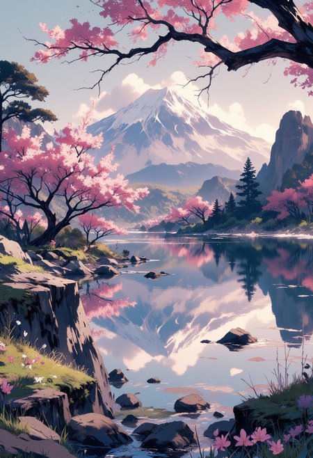 Mh1$AgThS2, intricate linework with expressive contrasts, soft lighting with dynamic highlights, a tranquil large lake in the uplands, sakura trees, blossom, mist, dawn, reflection, with mount fuji in the distance, no humans, In the style of ff-td