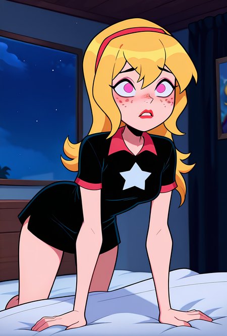 ((cartoon, screencap)), <lora:lucybig:1>, solo, lucybig, long hair, blonde hair, red hairband, pink eyes, lipstick, short sleeves, star (symbol), short dress, black dress, freckles, dynamic pose, leaning on bed, scared, covered in blankets, night time, on bed, masterpiece, best quality, amazing quality, very aesthetic, absurdres, newest,