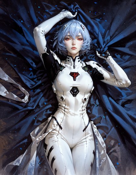 score_9, score_8_up, score_7_up, score_6_up, score_5_up, score_4_up,  1girl, (Rei Ayanami:1.2), from above, lying down, (white plugsuit), light blue hair, short hair, blue cushions, velvet sheets, satin, expressiveh, castlevania, kojima ayami