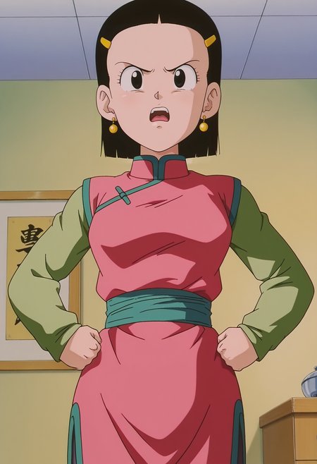 1girl,solo,mm,mature female,black hair,short hair,black eyes,hair ornament,hairclip,earrings,anime coloring,
chinese clothes,long sleeves, hands on own hips, clenched hands, open mouth, frown,indoors
,masterpiece,best quality,amazing quality,<lora:Chi-Chi-Dragon_Ball_GT_IL:0.9>