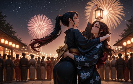 masterpiece, best quality, amazing quality, klskx, (nsfw, explicit:0.8), (2girls:1.9), multicolored hair, dark hair, long hair, eyebrows, thick eyelashes, brown hair, kimono, floral print kimono, dark blue kimono, dancing, (holding lantern:0.9), outdoors, looking up, night sky, fireworks, festival, crowd, food stalls, warm lighting, stars, summer, (dark shadows:0.9), (high contrast:0.9), volumetric lighting, intricate details, blurry background, depth of field <lora:spo_sdxl_10ep_4k-data_lora_webui:2.0> <lora:illustriousXL_stabilizer_v1.23:1.0> <lora:illustrious_quality_modifiers_masterpieces_v1:0.6> <lora:klskx_wai:0.7000000000000001>