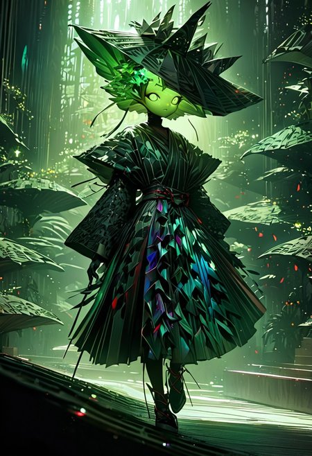 best quality, masterpiece, high resolution, intricate detailed,
beautiful photo of a Avant-garde Fashion - Model walking fashion catwalk, wearing sculptural origami paper fans, folded paper fans hat, traditional japanese patterns,
iridescent, alien clothing. 
alienworld,
rays of light, natural light,