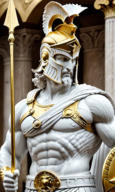 a statue of ares, best quality, masterpiece,  <lora:cstatuesdxl:0.8>, cstatuesdxl, white and gold, holding spear, armored, spartan helmet