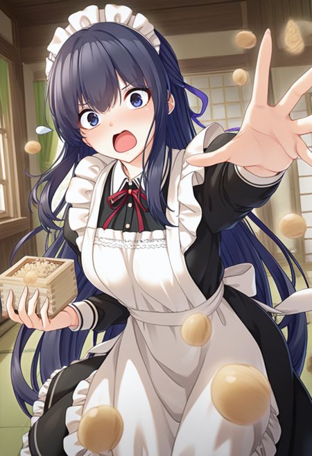 masterpiece,best quality,amazing quality,absurdres,aesthetic,newest,ultra detailed,
kagami siyuri \(haison\), 1girl, solo, dark slateblue hair, very long hair, half updo, hair between eyes, sidelocks, floating hair,
down-slanting eyebrows, frightened, looking at viewer, wide-eyed, open mouth,
maid, maid headdress,medium breasts,
mamemaki, masu , setsubun,beans, throwing,indoors,
 <lora:mamemaki_Illust_v1:0.9> <lora:kagami_siyuri_noob_vpred10_v15:1.0>