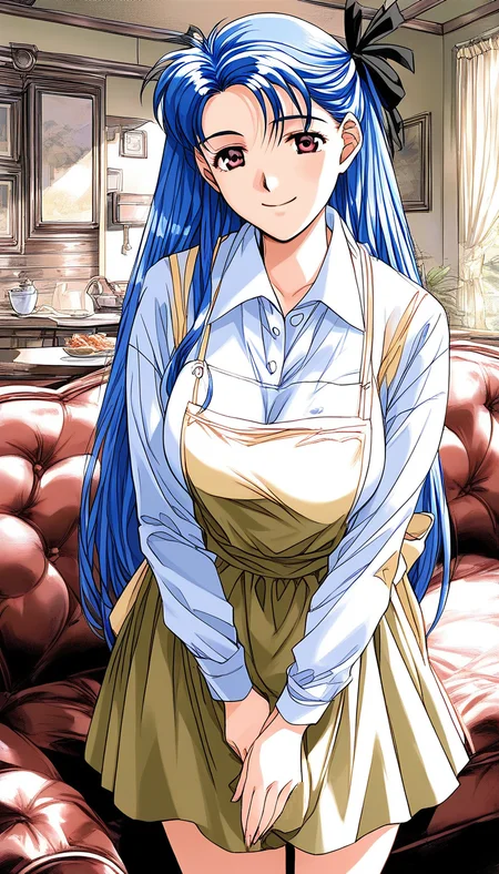 score_9, score_8_up, score_7_up, source_anime, rating_explicit, BREAK  <lora:Narusawa_Misako_XL:1> NarusawaMisako, blue hair, long hair, brown eyes, large breasts,
1girl, solo, apron, braid, skirt, looking at viewer, shirt,  long sleeves, hair ribbon, ribbon, smile,
indoors, couch, shirt, looking at viewer,  long sleeves, skirt, smile, collared shirt