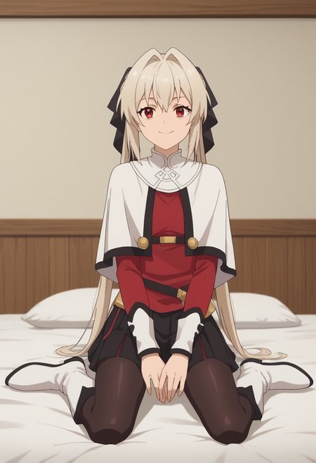 score_9, score_8_up, score_7_up, score_6_up, score_5_up, score_4_up , anime coloring ,BREAK source_anime, anime,screencap, 1girl, solo, lynneburg, bracers, hair ribbon, white boots, skirt, black pantyhose, red shirt, white capelet, belt, <lora:PonyXL Parry Lynne:1> indoors,bedroom smile, looking at viewer, sitting on bed,