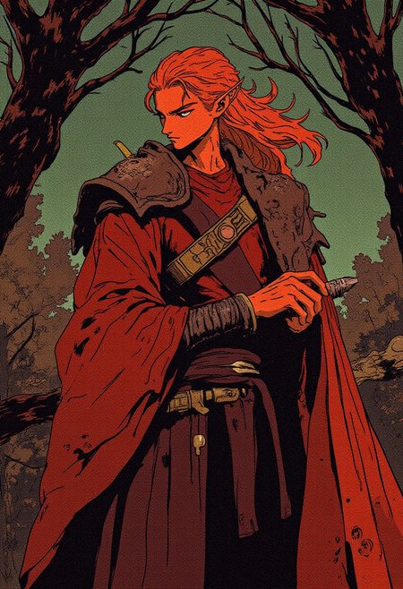 sketch illustration style (desaturated, cold lighting:1.4), (vignetting:1.2) storytelling, depict a carmine ((male:2)  formidable, demonic figure:1.3) rogue with a striking appearance., very small nose, Yasha Oni hair (detailed anatomy and defined musculature:1.0) prominent cheekbones, wide angle full body close up, dramatic natural lighting, complex contrast, contrapposto pose, vibrant colors, high contrast. The background is a gradient of dark greens and browns, suggesting a forest or night setting. The tree branches above his head cast shadows, adding depth and contrast to the scene. The overall style of the painting is highly detailed and realistic, with a focus on the demon's rugged, battle-ready appearance. He has distinctive features and an emotive look with fierce determination in his eyes. The diffused lighting softly illuminates every detail, HD, 8K quality, ultra-detailed, masterpiece artwork, flawless anatomy.