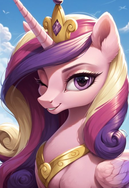 score_9, score_8_up, score_7_up, score_6_up, score_5_up, score_4_up, my little pony, ((feral pony)), Princess Cadance, 1girl, ((solo)), (sexy), beautiful, detailed, (detailed cute pony face), detailed eyes, detailed fur, detailed hooves, beautiful, vector, flat colors, (beautiful long eyelashes), (beautiful hooves), hoof shoes, tiara, simple background, colorful background, (looking at you, looking at viewer:1.5), smiling, one eye closed, ((close-up)), high angle