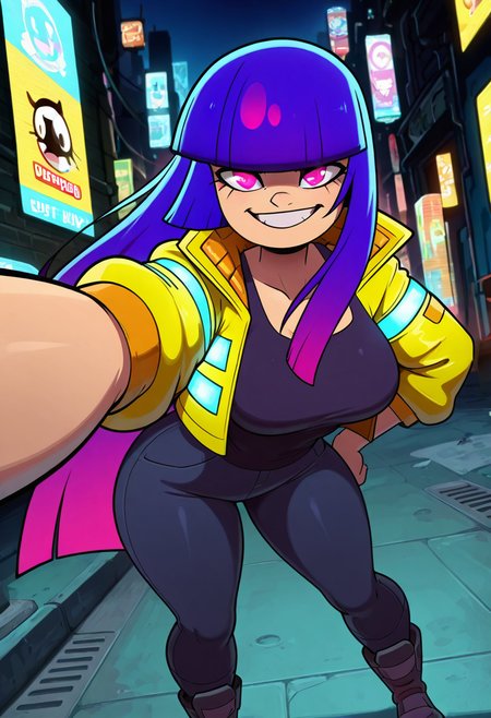 masterpiece, best quality, solo, curvy, beautiful eyes,  narrow waist, wide hips, zzMiko, long hair, purple hair, blunt bangs, multicolored hair,  dynamic angle, foreshortening, close up, smile, looking at viewer,   ,       <lora:MikoKubotaIXL:1.0>, [Cyberpunk Underworld], Futuristic leather jacket, neon tattoos, black pants, combat boots, glowing contacts, Standing in a neon-lit alley surrounded by digital billboards and pulsing city energy.