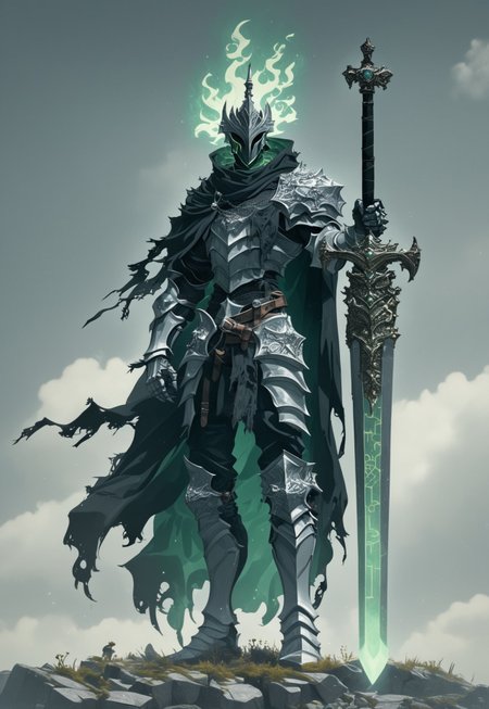 (stunning, magnificent, HD, photorealistic, dramatic lighting, intricate details, full body intricate armor beautiful patterns, mythical, legendary, powerful, cinematic, trending on ArtStation, characters on background, dark souls knight, tall, hollow knight, ghost+, a dark+  in shiny black+ knight armor with sword in scabbard, specter, by Peter gric, bli Hihnala, dark souls, male Knight, Ghost, wraith, smog, glowing green core on armor, green flames, (silver armor highly detailed patterns on armor), (a dragon's armor, a dragon's helmet) glowing green eyes, (demon's souls penetrator) , dark, (((full body fits into the image))), menacing, ominous, looking at something in the distance, darkness, full body visible, anor londo, dragon's dogma, battle sequence, (flaming blue helmet)soul knightscore_9, score_8_up, score_7_up, score_6_up, score_5_up, score_4_up,
 <lora:ArmorSentinelV2:1>, arm0rs3nt1n3l,
giant sword, solo, simple background, white background, 1boy, holding, jewelry, standing, full body, male focus, weapon, boots, pants, belt, hood, sword, holding weapon, necklace, cape, armor, torn clothes, holding sword, helmet, knife, shoulder armor, clenched hand, facing viewer, gauntlets, sheath, cloak, sheathed, breastplate, armored boots, fantasy, dagger, scabbard, over shoulder, greaves, huge weapon, weapon on back, weapon over shoulder, knight, full armor, black armor, torn cape, helm, greatsword, torn, sword over shoulder, torn cloak