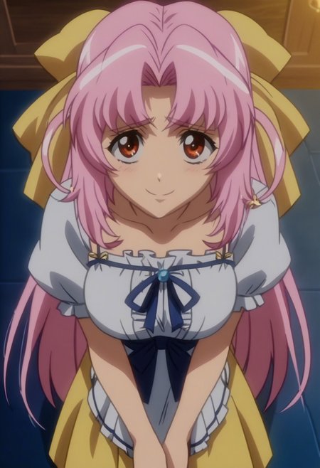 score_8, score_7_up, score_6_up, 1girl, smile, human, source_cartoon, screencap, detailed face, solo, Mikage Onohara, pink hair, large breast, dress, shy, looking at viewer, smile, from above, cowboy shot, anime screencap