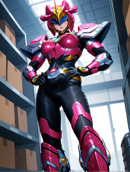 masterpiece, best quality, good quality, very aesthetic, absurdres, newest, 8K, anime screencap, detailed background, offical art, very aesthetics of fine arts, <lora:spo_sdxl_10ep_4k-data_lora_webui:1>, embedding:IllusP0s, embedding:Smooth Quality, 
1girl, solo, <lora:TIANYU_IL:1>, tianyu/(ultra beast force/), helmet, covered eyes, lips, power armor, power boots, black bodysuit, medium breasts, chest jewel, tokusatsu, <lora:handPatchUnet:1>, detailed_hands, elegant_fingers, (cute:1.2), (sexy:1.2), Enchanting Eyes, balanced figure, looking at viewer, pouting, standing, from below, warehouse, hands on hips
