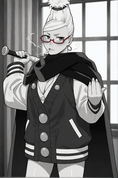 score_9, score_8_up, score_7_up, monochrome, manga_source, best background, detailed background, manga, grayscale   Seiko Ayase, baseball bat, cape, cigarette, cleavage, indoors, holding, jacket, letterman jacket, looking at viewer, red-framed eyewear, solo, blush, horny, <lora:JN_Seiko_Ayase:0.8>